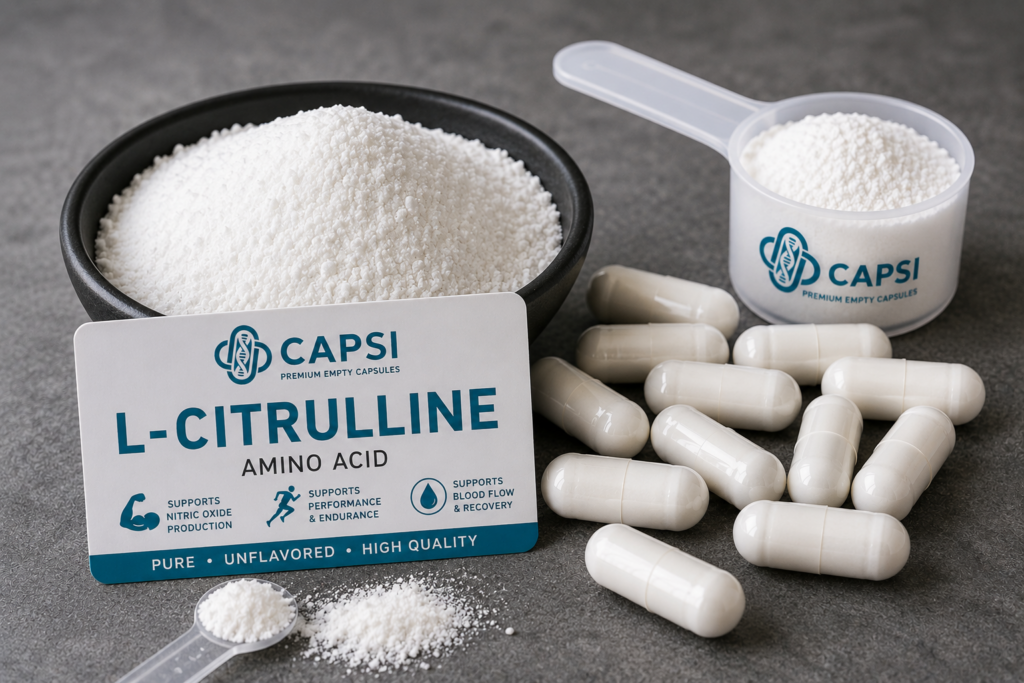 L-Citrulline powder and empty capsules with CAPSI branding
