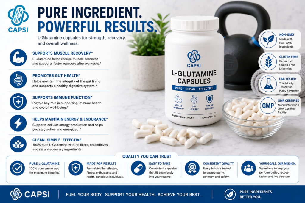 L-Glutamine capsules infographic showing key benefits and supplement information