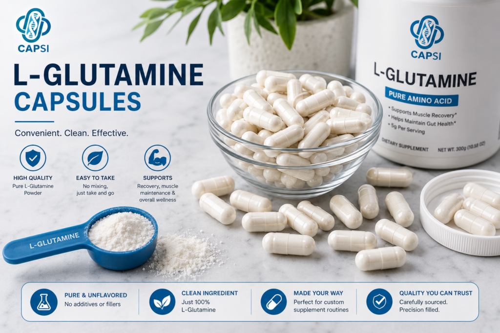 L-Glutamine capsules and powder with CAPSI branding
