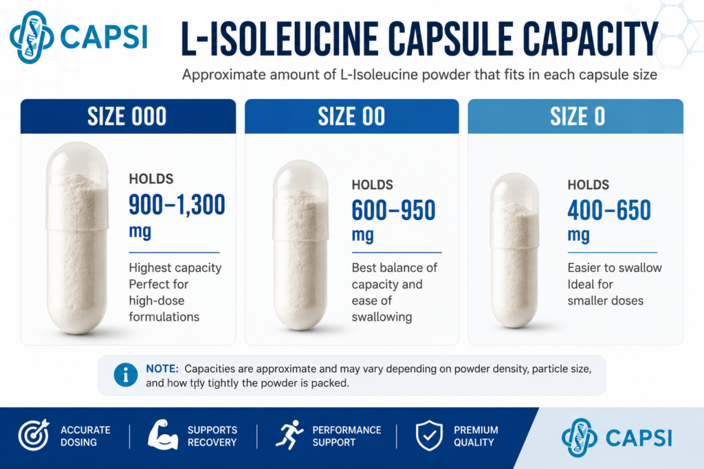 L-Isoleucine capsule capacity comparison showing size 000, 00 and 0 capsules