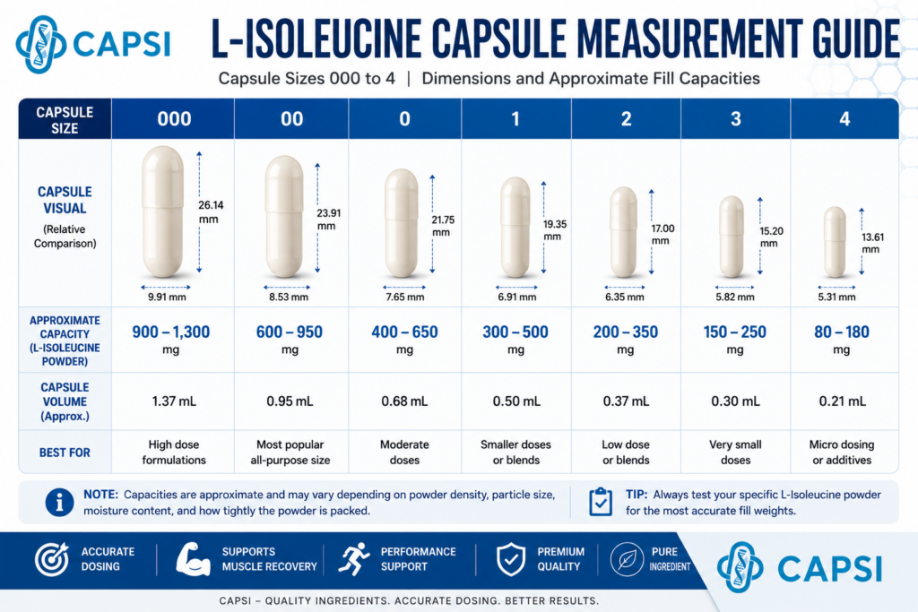 Capsule measurement guide showing dimensions and capacities from size 000 to size 4