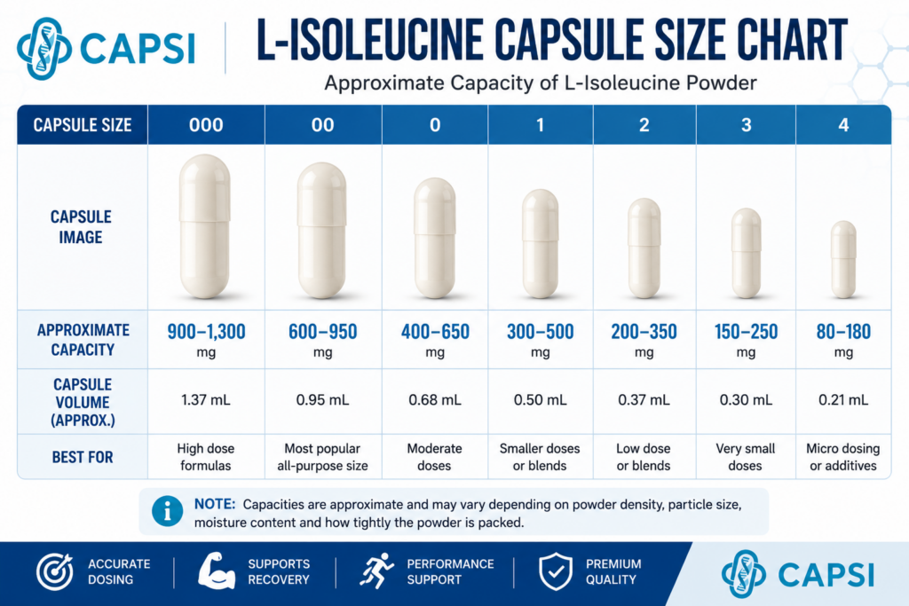 Complete L-Isoleucine capsule size chart from size 000 to size 4