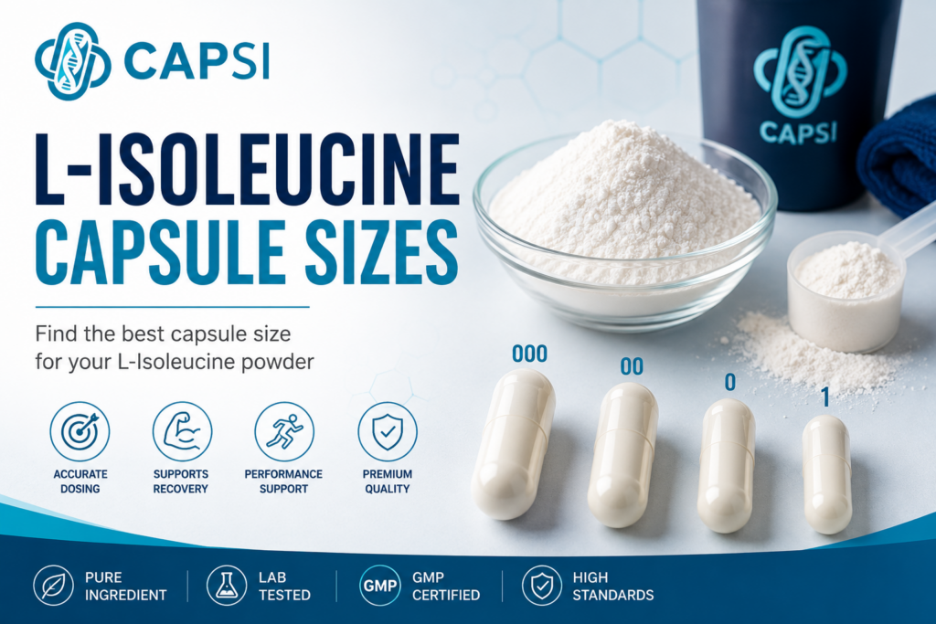 L-Isoleucine powder with capsule sizes 000, 00, 0 and 1