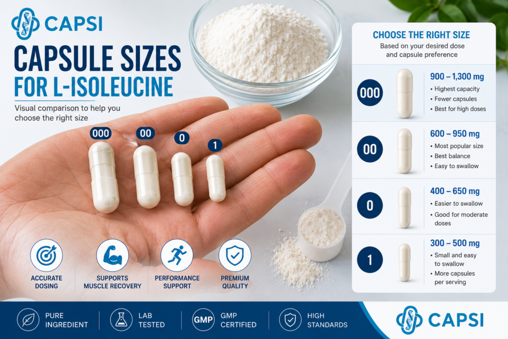 Visual comparison of capsule sizes 000, 00, 0 and 1 for L-Isoleucine powder