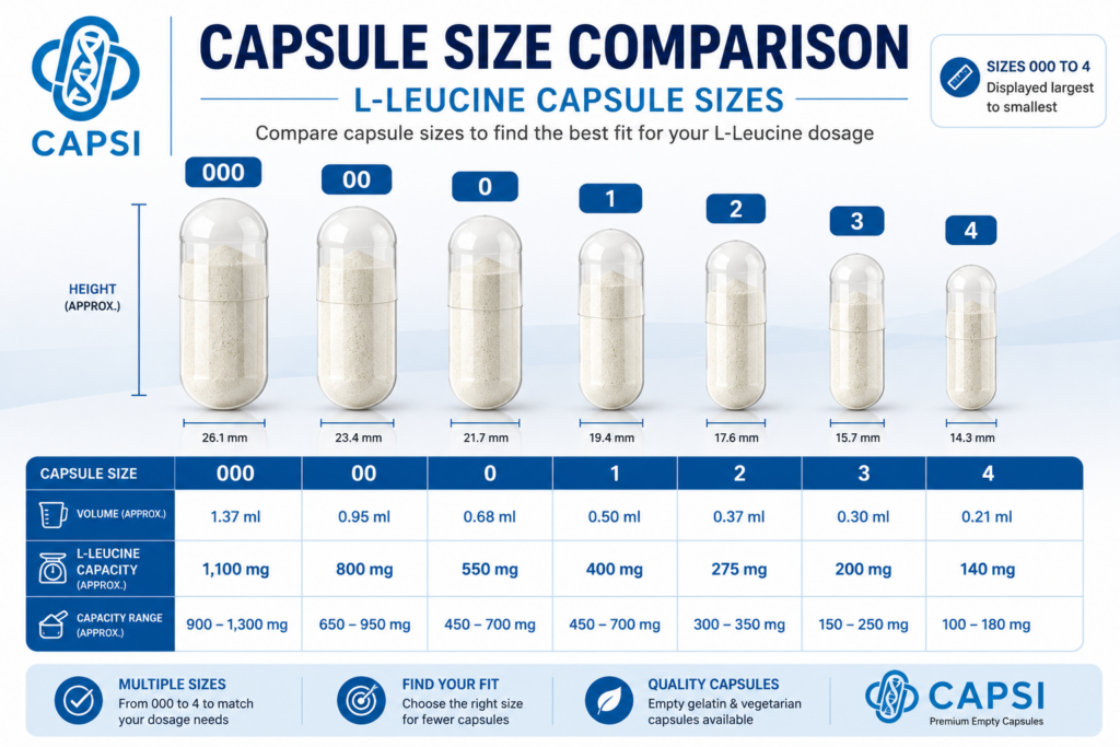 Comparison of capsule sizes 000 to 4 for L-Leucine powder encapsulation