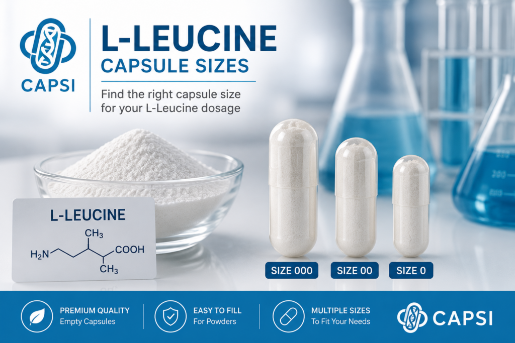 L-Leucine powder and empty capsules showing the best capsule sizes for encapsulation