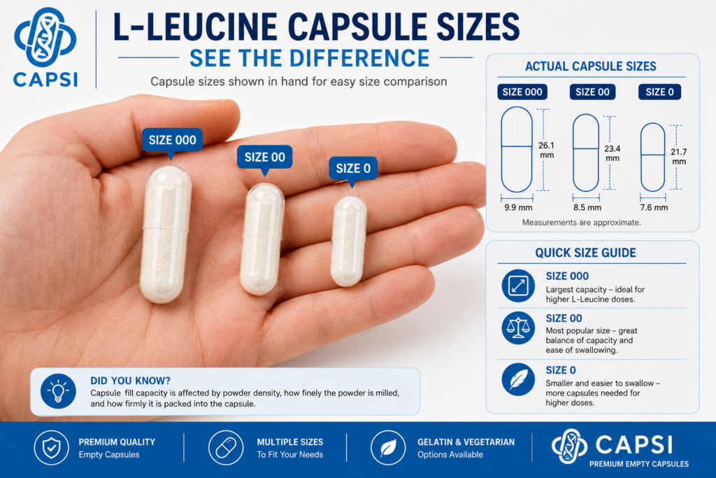 Empty capsule sizes 000, 00 and 0 shown in hand for scale comparison