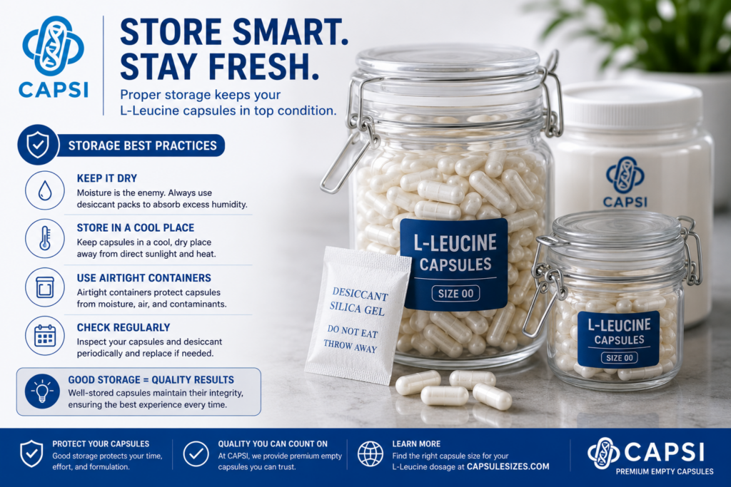 Proper storage of capsules using airtight containers and desiccants