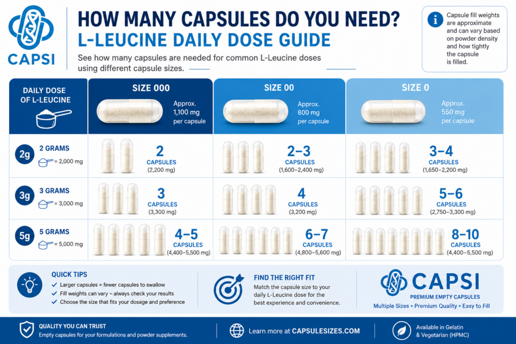 Number of capsules required for common L-Leucine daily doses