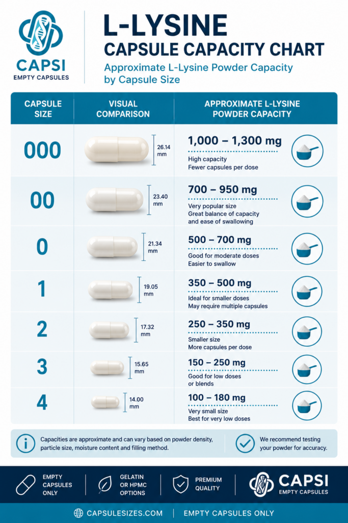 L-Lysine capsule capacity chart comparing capsule sizes 000, 00, 0, 1, 2, 3 and 4