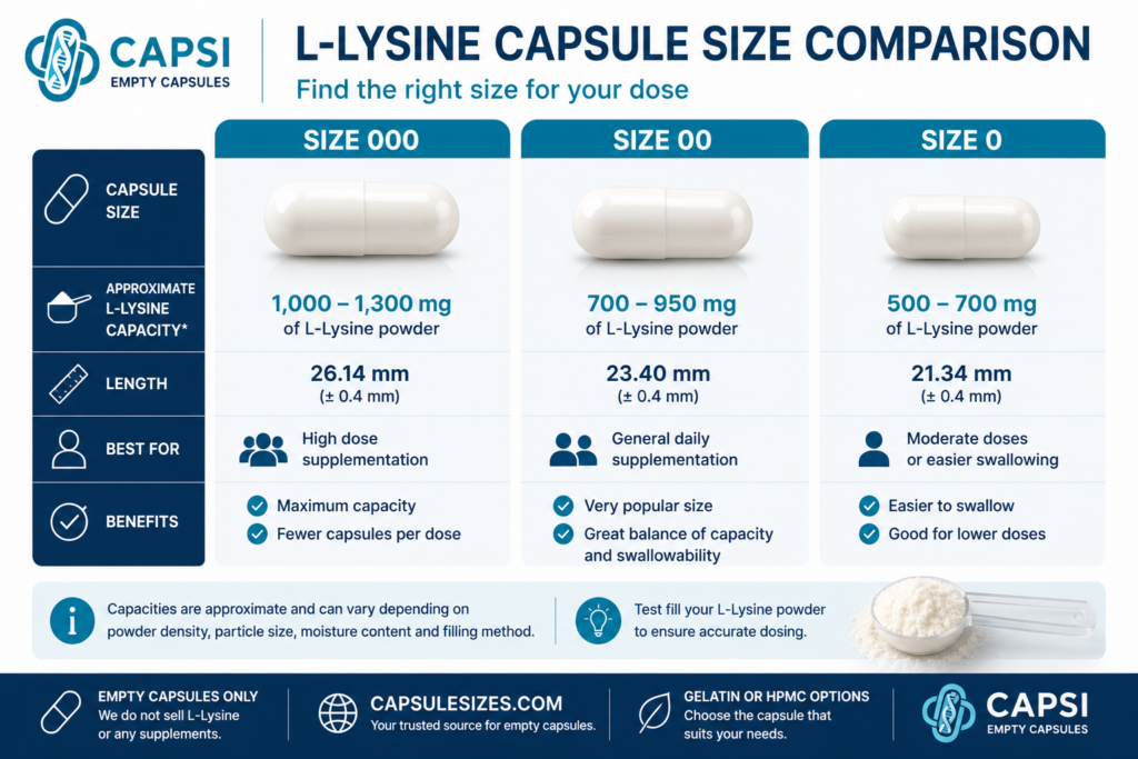 Comparison of size 000, 00 and 0 capsules for L-Lysine powder filling