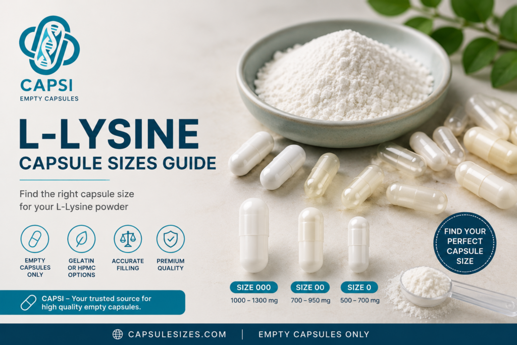 L-Lysine powder with empty capsules showing capsule size options from CAPSI