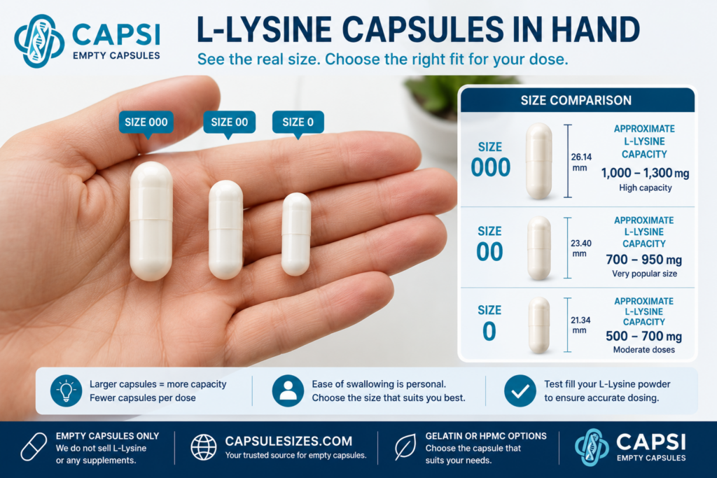 Empty capsule sizes 000, 00 and 0 shown in hand for size comparison