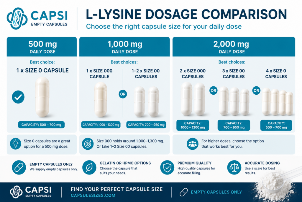 L-Lysine dosage comparison showing recommended capsule sizes for 500mg, 1000mg and 2000mg doses