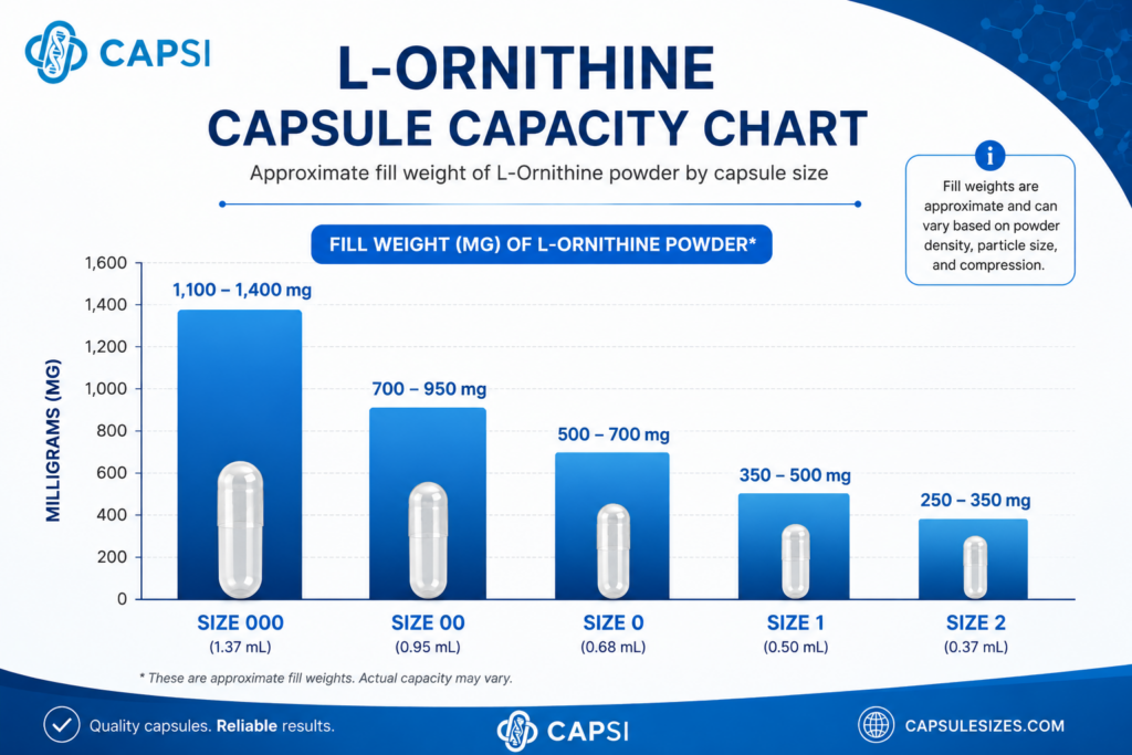 L-Ornithine capsule capacity chart comparing fill weights across capsule sizes