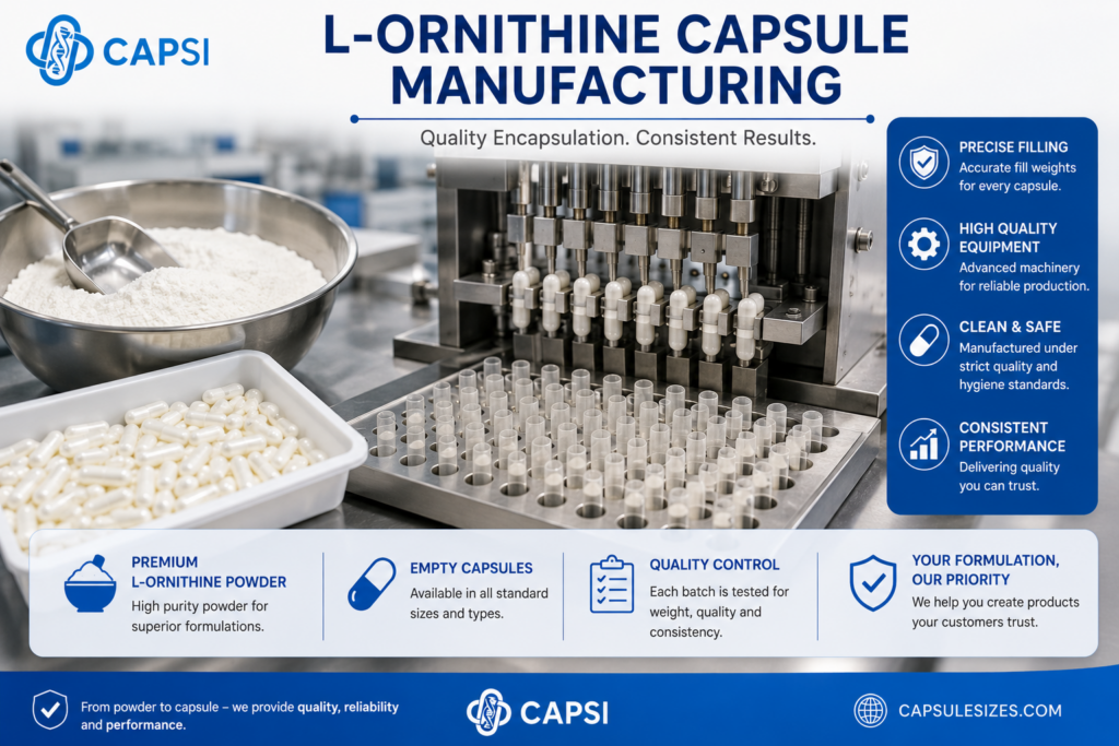Capsule filling and manufacturing process for L-Ornithine powder formulations