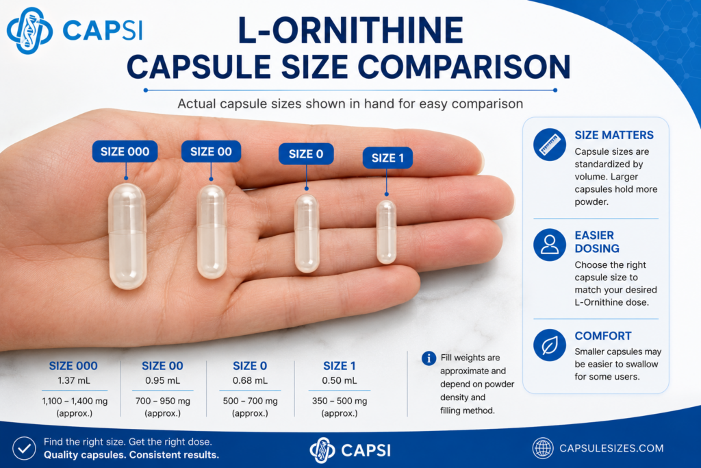 Size comparison of empty capsules shown in hand from size 000 to size 1