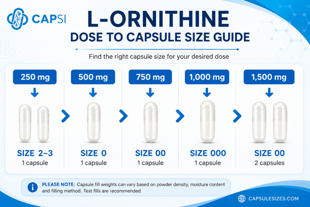 L-Ornithine dosage to capsule size chart showing recommended capsule sizes for different serving amounts