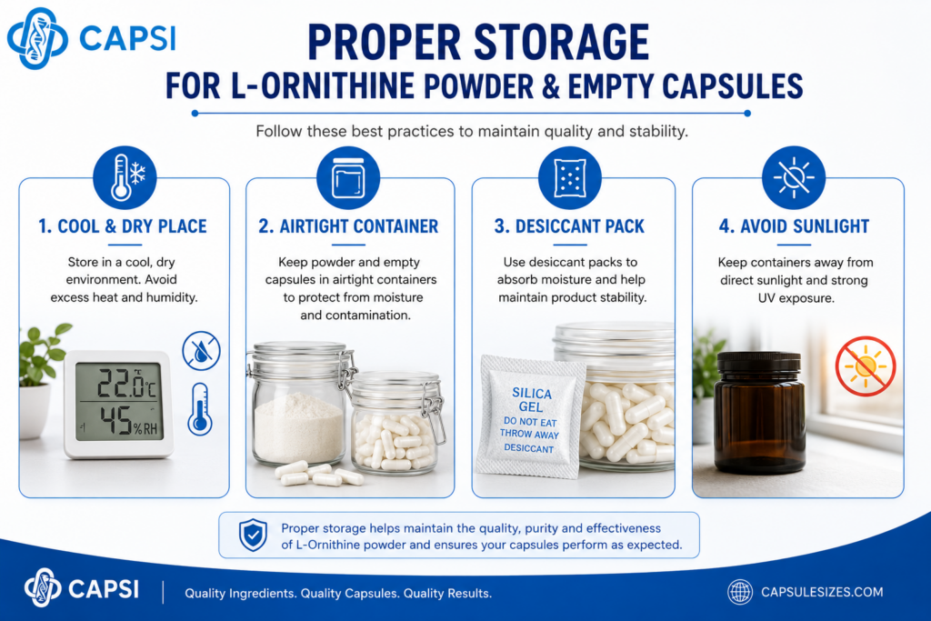 Storage guide for L-Ornithine powder and empty capsules showing best practices