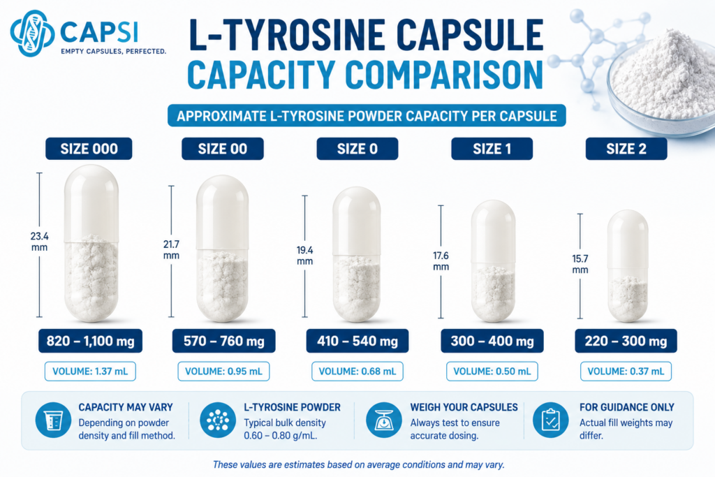 L-Tyrosine capsule capacity comparison chart for sizes 000, 00, 0, 1 and 2