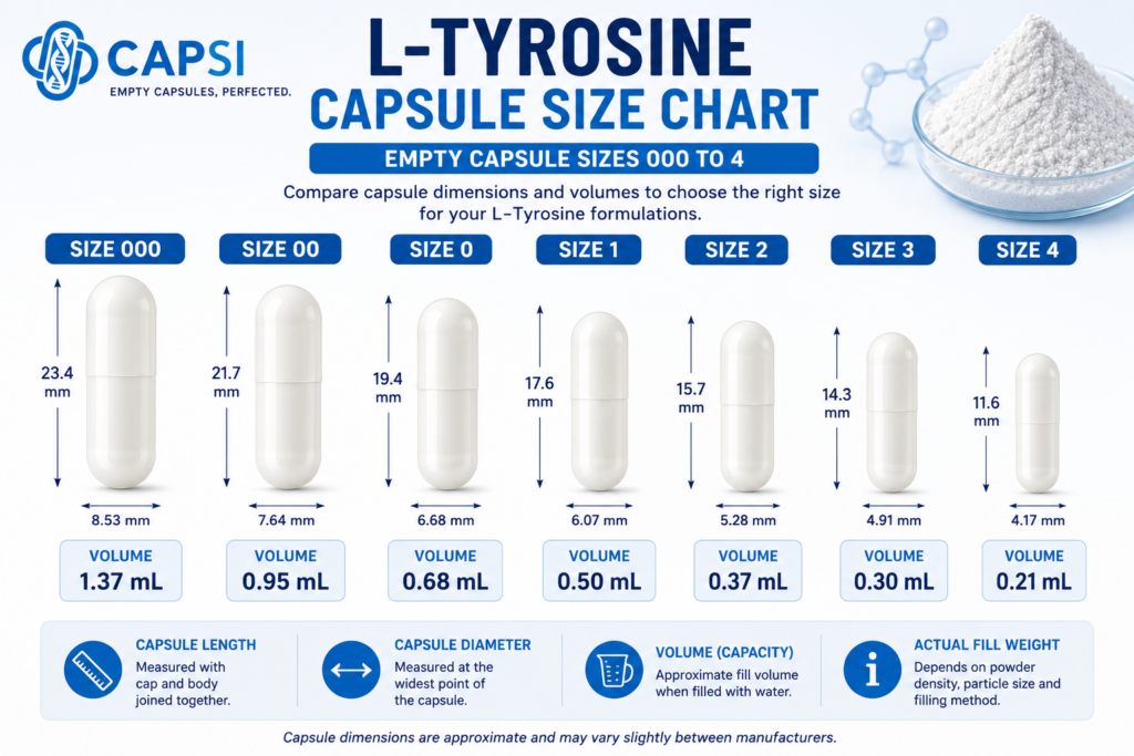 Empty capsule size chart showing dimensions and volumes from size 000 to size 4