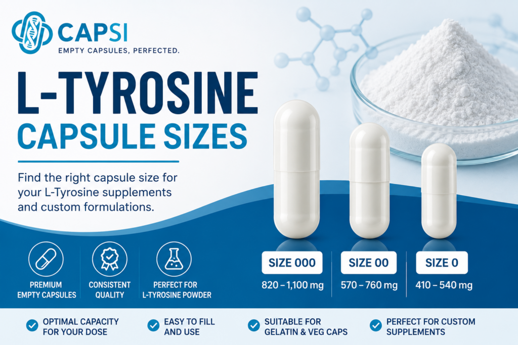 L-Tyrosine capsule sizes guide showing empty capsules and capsule capacity information