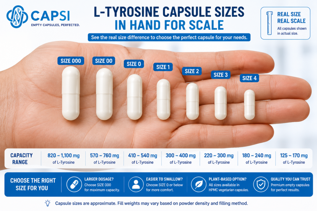 Different empty capsule sizes shown in a hand for real-world size comparison