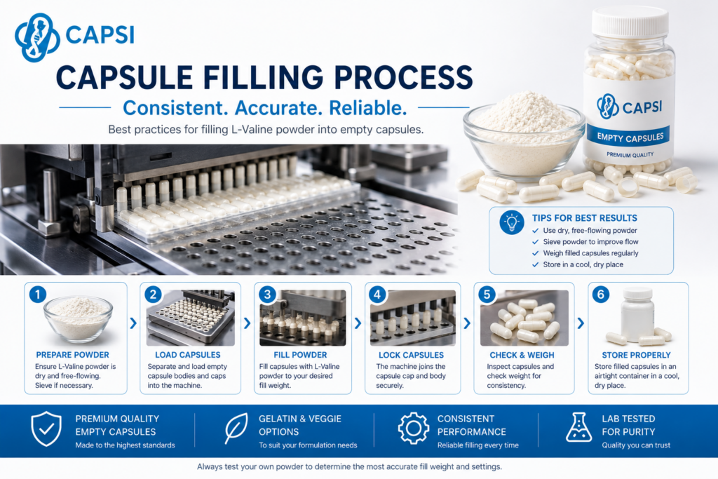 Step-by-step guide showing how to fill empty capsules with L-Valine powder
