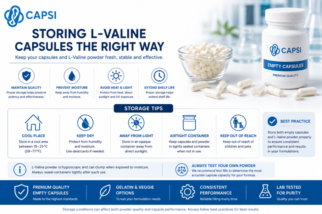 Best practices for storing L-Valine capsules and empty capsules