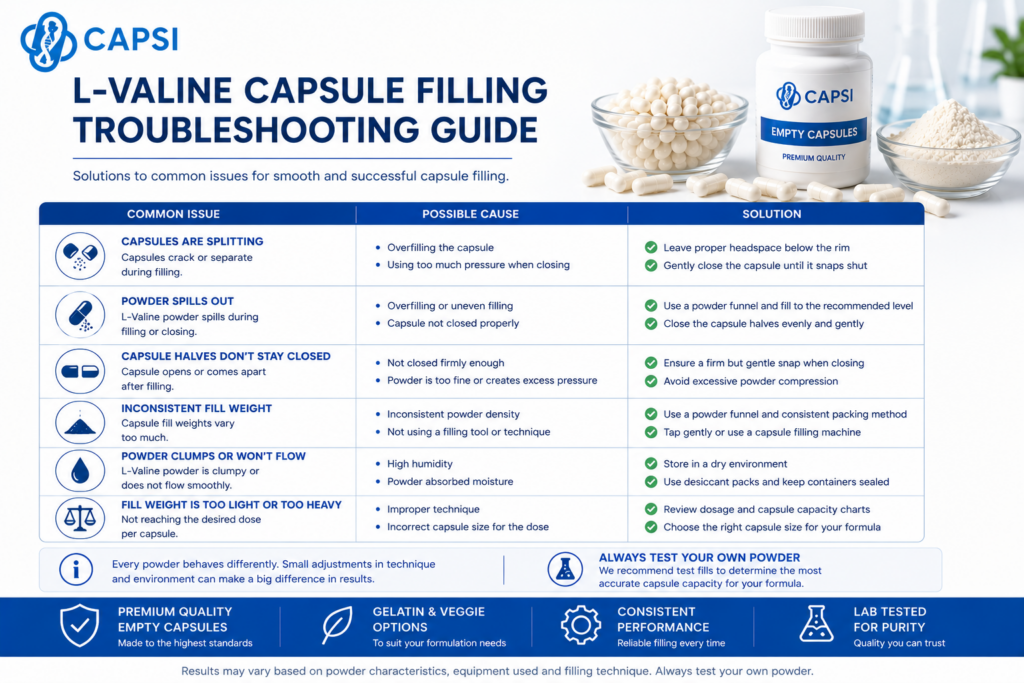 Troubleshooting guide for common L-Valine capsule filling issues