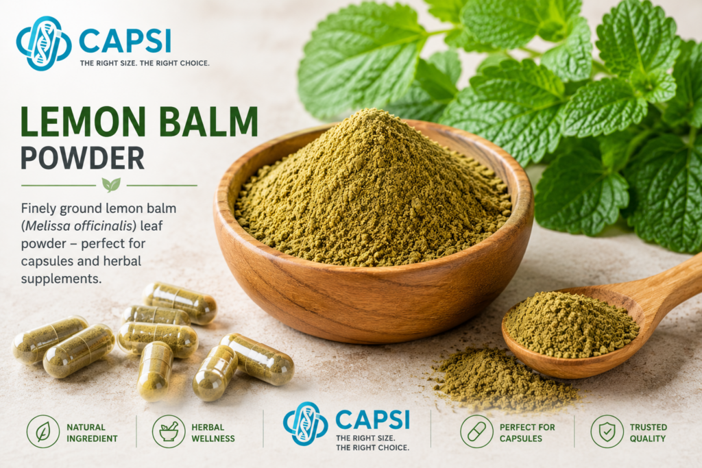 Finely ground lemon balm powder for capsules