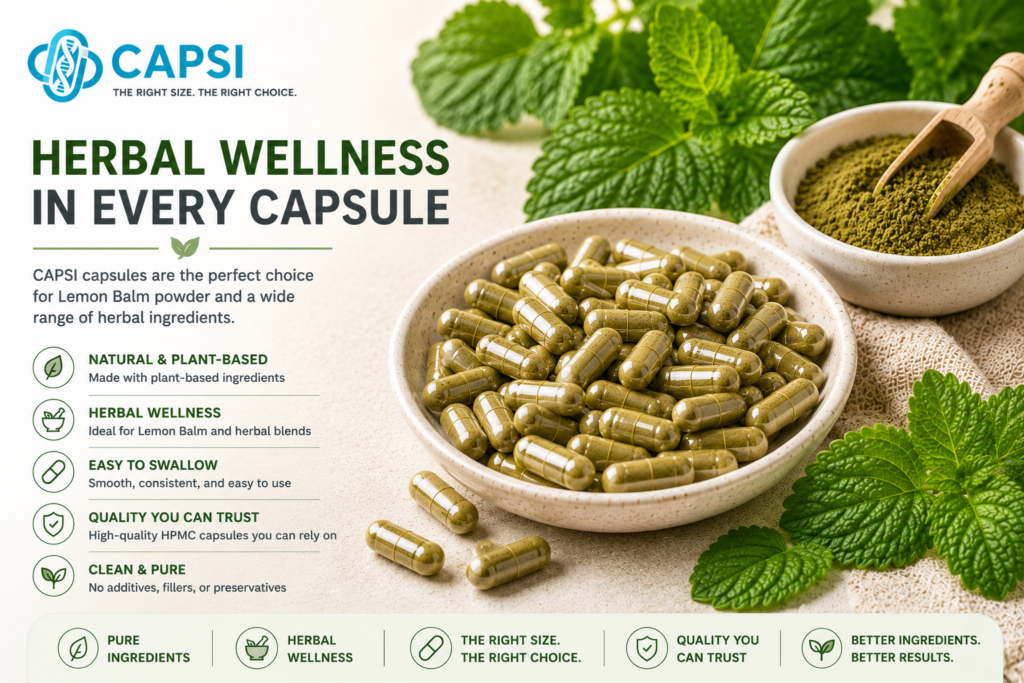 Lemon balm capsules and herbal supplement ingredients flat lay