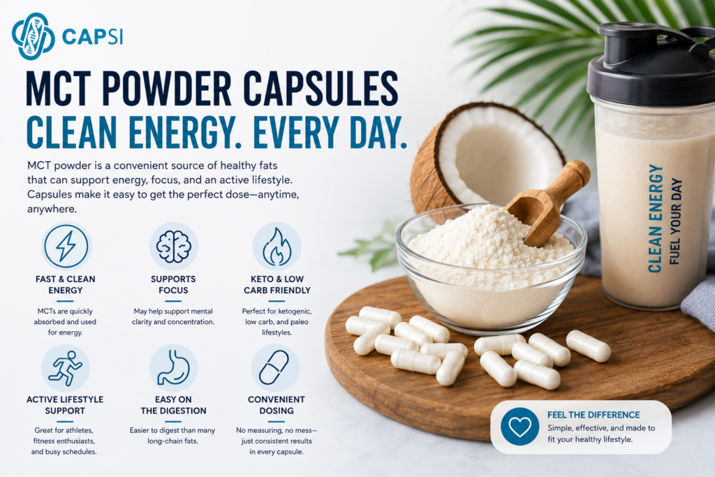 MCT powder capsules and healthy lifestyle infographic showing energy and convenience benefits