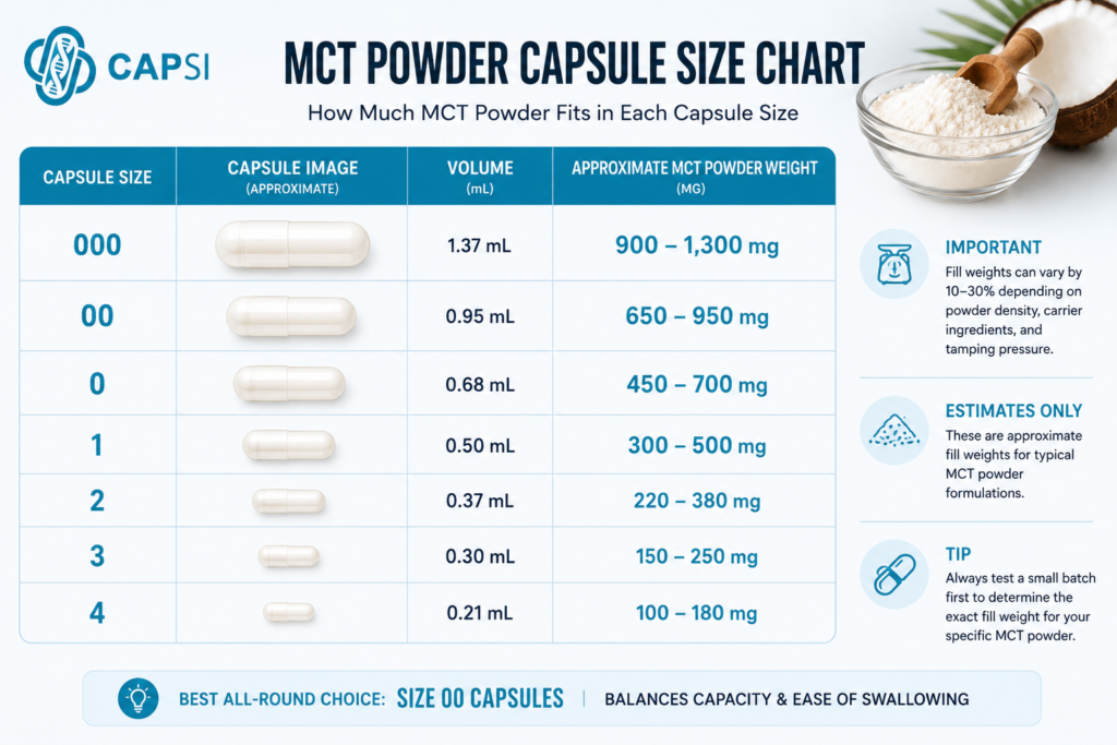 MCT powder capsule size chart showing capsule capacities from size 000 to size 4