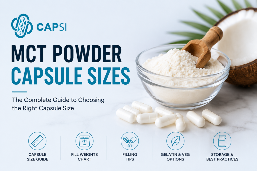 MCT Powder Capsule Sizes guide showing MCT powder, capsules and CAPSI branding