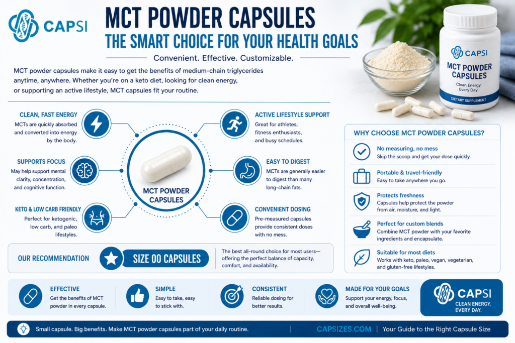 MCT powder capsules infographic explaining capsule sizes, dosing and benefits