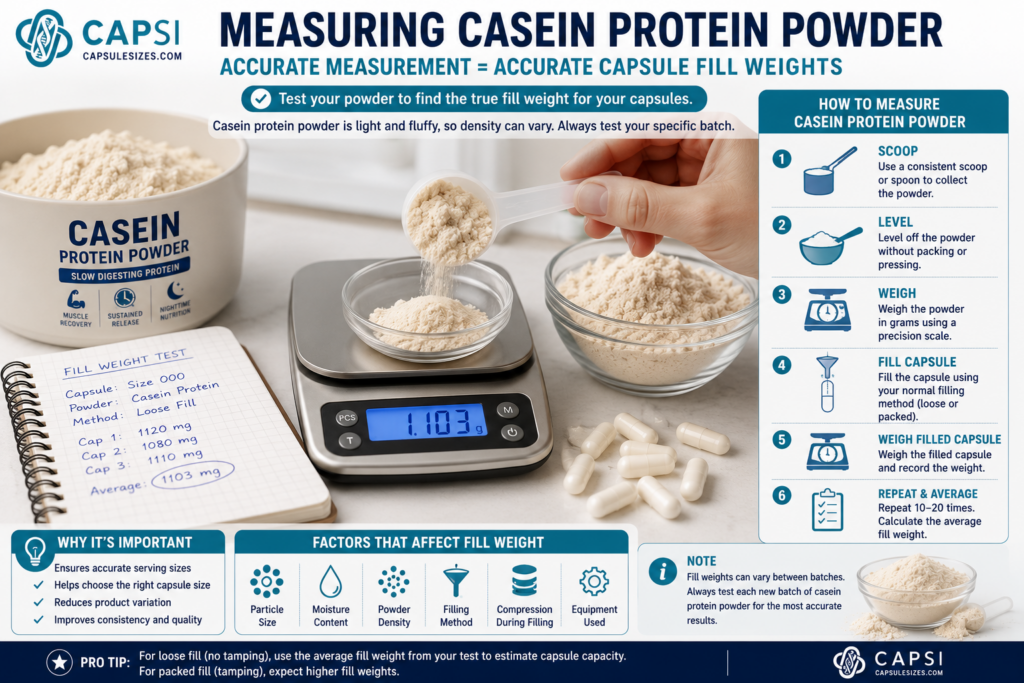 Measuring casein protein powder to determine capsule fill weight