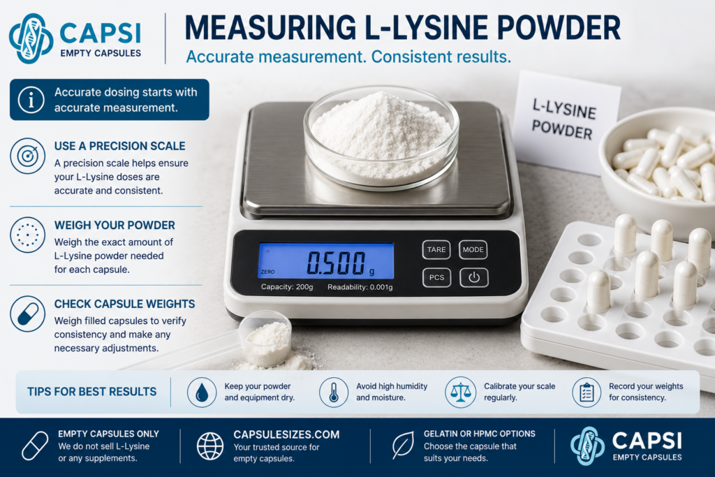 Precision scale measuring L-Lysine powder for accurate capsule filling