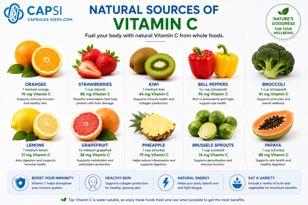 Natural Vitamin C food sources including oranges, lemons, kiwi, strawberries and broccoli