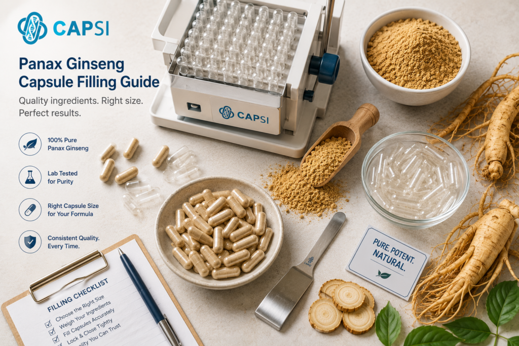 Flat lay of Panax ginseng capsule filling supplies