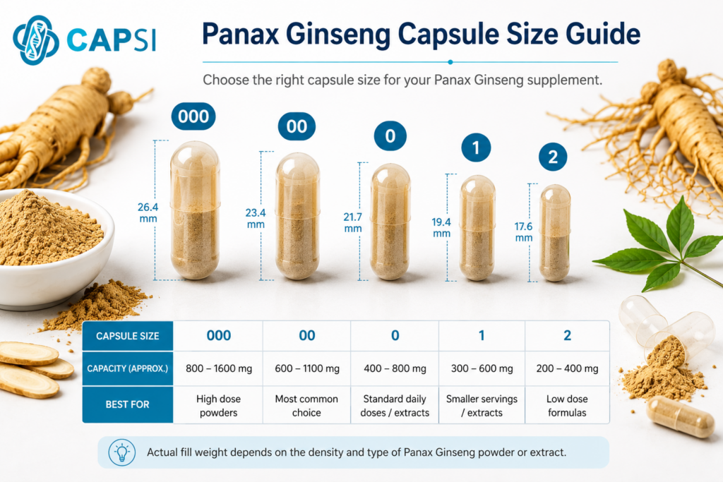Capsule size comparison chart for Panax ginseng powder