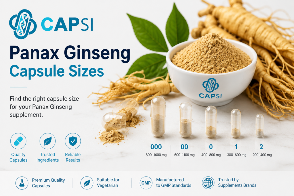 Panax ginseng capsule sizes with empty capsules and herbal powder