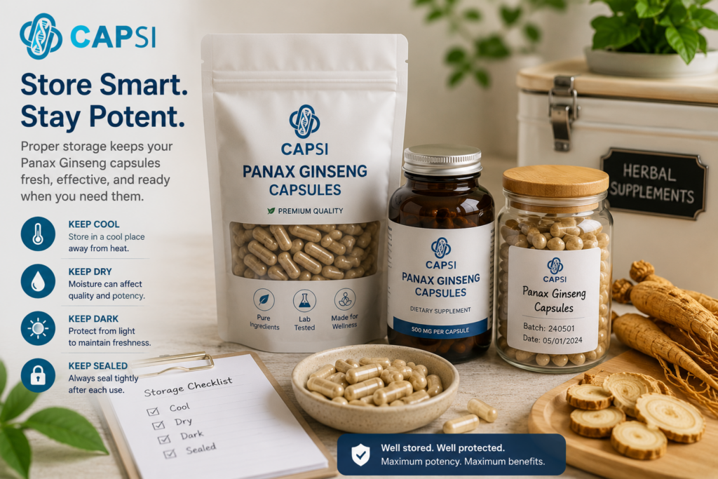 Stored Panax ginseng capsules in supplement packaging