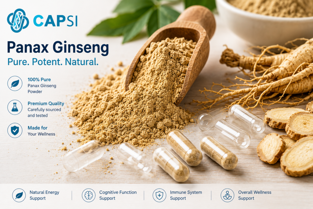 Panax ginseng powder beside clear empty capsules