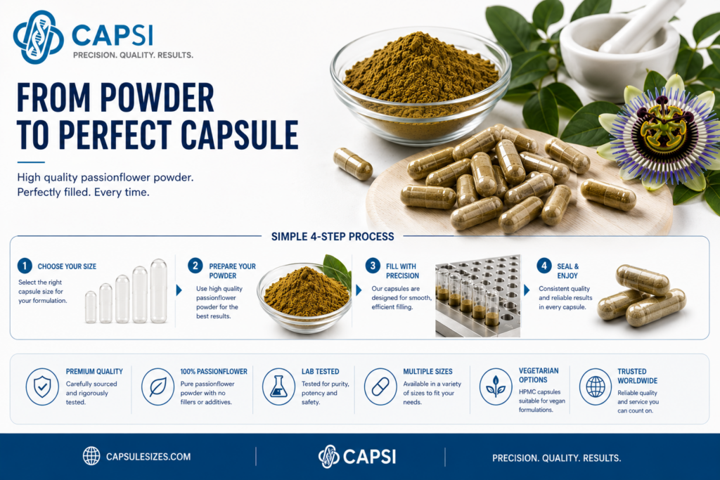 Passionflower powder transformed into filled capsules using the correct capsule size