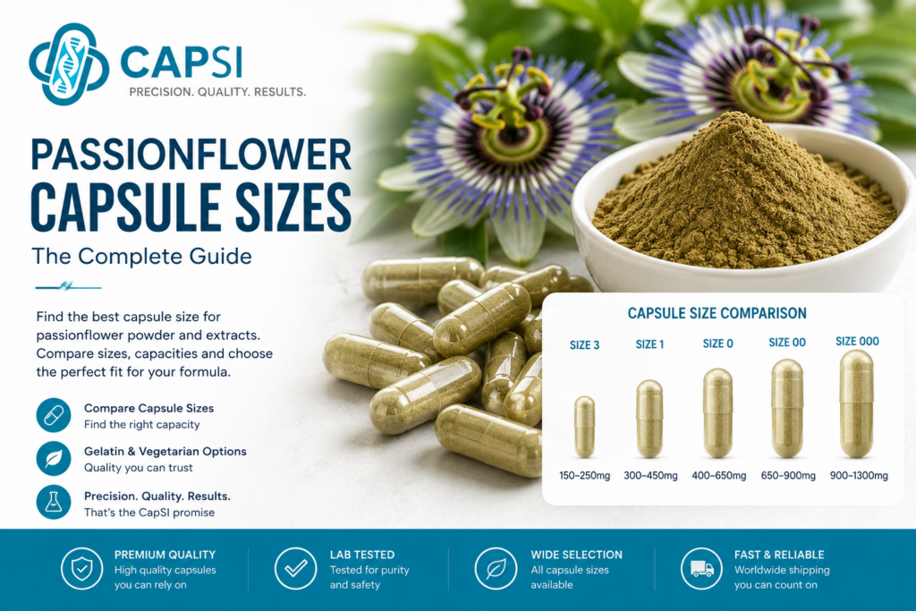 Passionflower capsule size comparison chart showing Size 3, Size 1, Size 0, Size 00 and Size 000 capsules