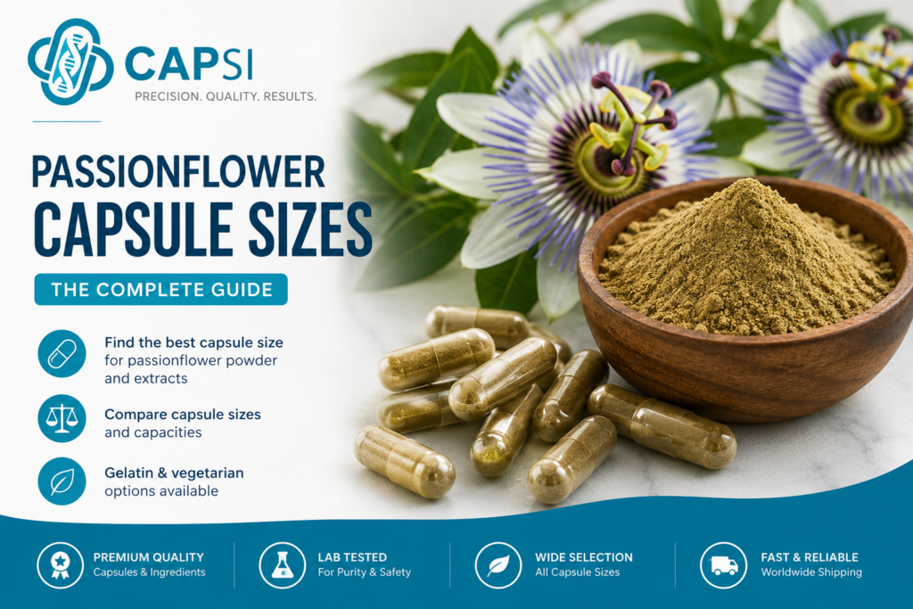 Passionflower capsule sizes guide showing passionflower powder and empty capsules