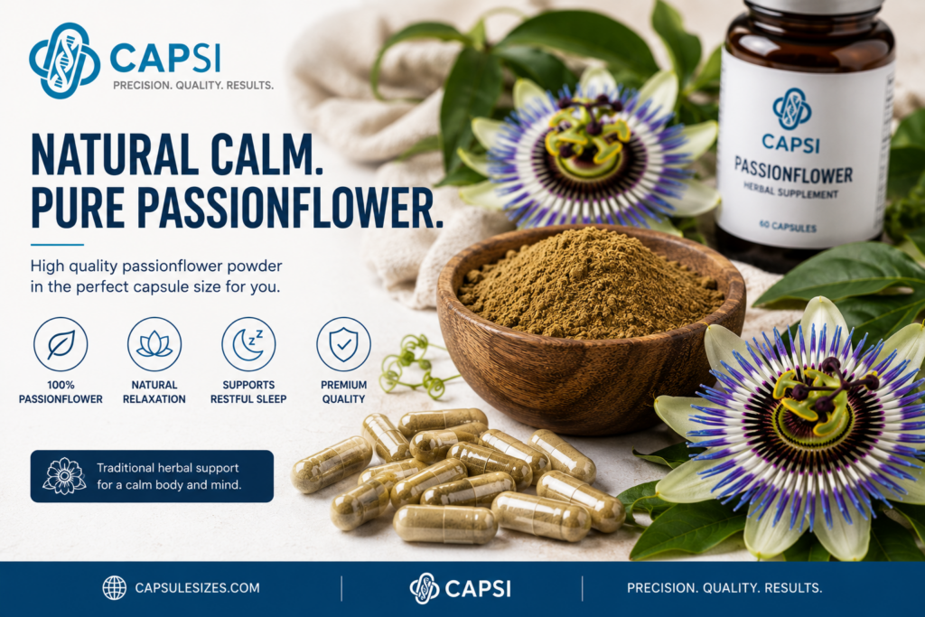 Passionflower flowers with capsules and herbal supplement ingredients