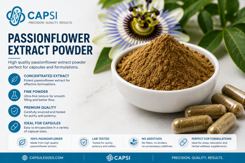Passionflower powder commonly used in capsule formulations and herbal supplements