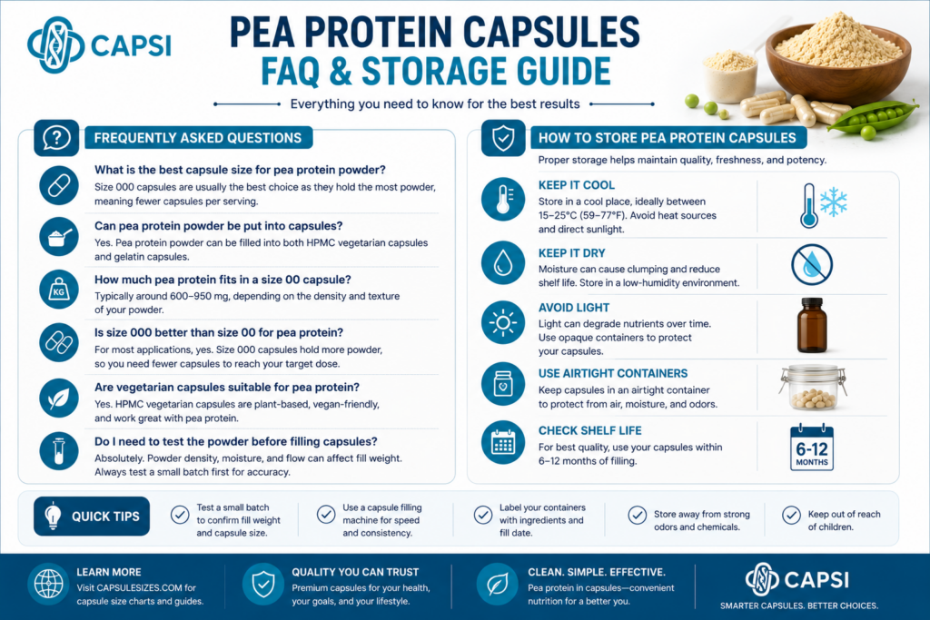 Pea protein capsule FAQ and storage guide infographic